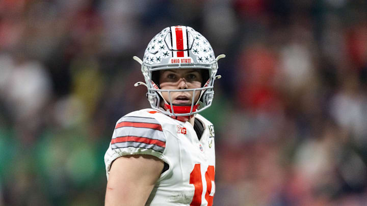 Jan 20, 2025; Atlanta, GA, USA; Ohio State Buckeyes quarterback Will Howard (18) against the Notre Dame Fighting Irish during the CFP National Championship college football game at Mercedes-Benz Stadium. Mandatory Credit: Mark J. Rebilas-Imagn Images
