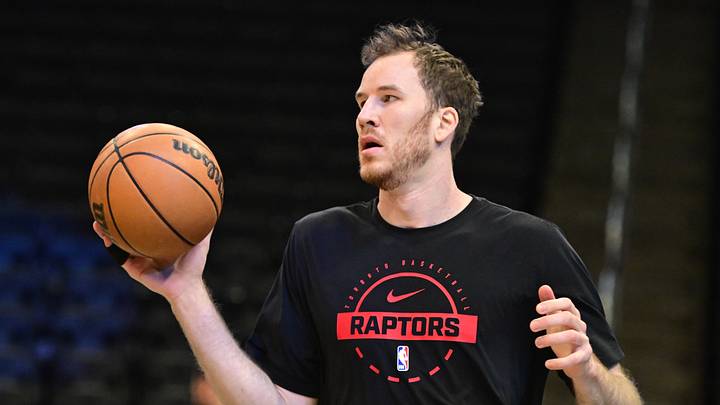 Feb 22, 2026; Milwaukee, Wisconsin, USA; Toronto Raptors center Jakob Poeltl (19) warms up before game against the Milwaukee Bucks at Fiserv Forum. Mandatory Credit: Benny Sieu-Imagn Images