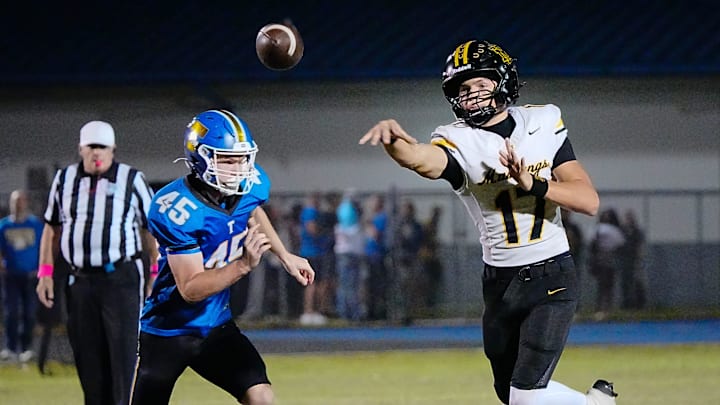 Kevin Verpaele of Merritt Island is pressured by Titusville’s Eli Russell during their game October 17, 2025. Craig Bailey, FLORIDA TODAY via USA TODAY NETWORK