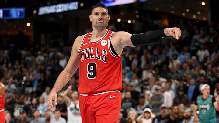 Oct 28, 2024; Memphis, Tennessee, USA; Chicago Bulls center Nikola Vucevic (9) reacts after a foul call during the second half against the Memphis Grizzlies at FedExForum. Mandatory Credit: Petre Thomas-Imagn Images