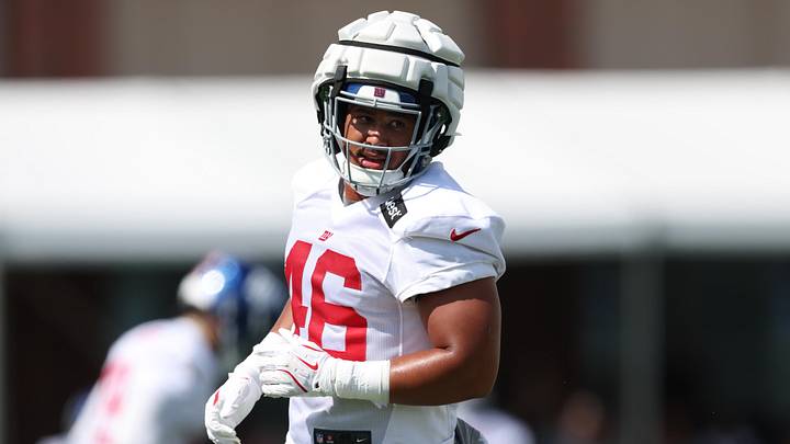 Jul 23, 2025; East Rutherford, NJ, USA; New York Giants linebacker Trace Ford (46) on the field during training camp at Quest Diagnostics Training Center.