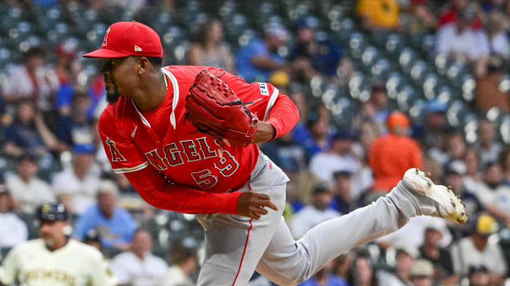 Sep 17, 2025; Milwaukee, Wisconsin, USA; Los Angeles Angels starting pitcher Jose Soriano (59) throws against the Milwaukee Brewers in the first inning at American Family Field. Mandatory Credit: Benny Sieu-Imagn Images Sep 17, 2025; Milwaukee, Wisconsin, USA; Los Angeles Angels starting pitcher Jose Soriano (59) throws against the Milwaukee Brewers in the first inning at American Family Field. Mandatory Credit: Benny Sieu-Imagn Images