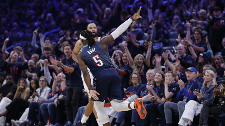 Apr 22, 2026; Oklahoma City, Oklahoma, USA; Oklahoma City Thunder guard Luguentz Dort (5) gestures after scoring against the Phoenix Sun in the second half during game two of the first round of the 2026 NBA Playoffs at Paycom Center. Mandatory Credit: Alonzo Adams-Imagn Images