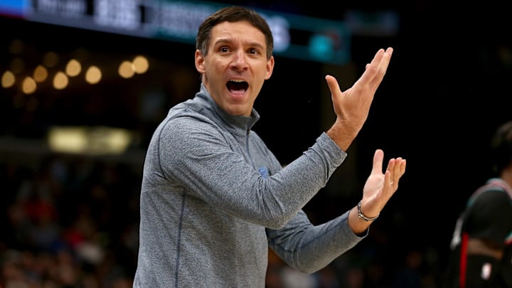 Nov 9, 2025; Memphis, Tennessee, USA; Oklahoma City Thunder head coach Mark Daigneault reacts during the fourth quarter against the Memphis Grizzlies at FedExForum. Mandatory Credit: Petre Thomas-Imagn Images