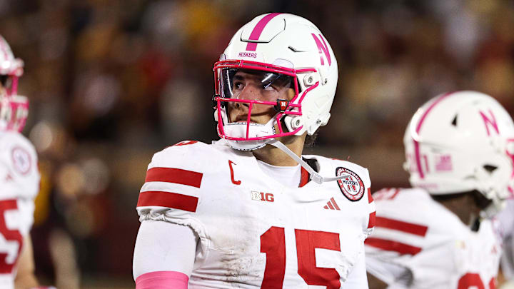 Nebraska Cornhuskers quarterback Dylan Raiola (15) looks on during the second half against the Minnesota Golden Gophers at Huntington Bank Stadium.