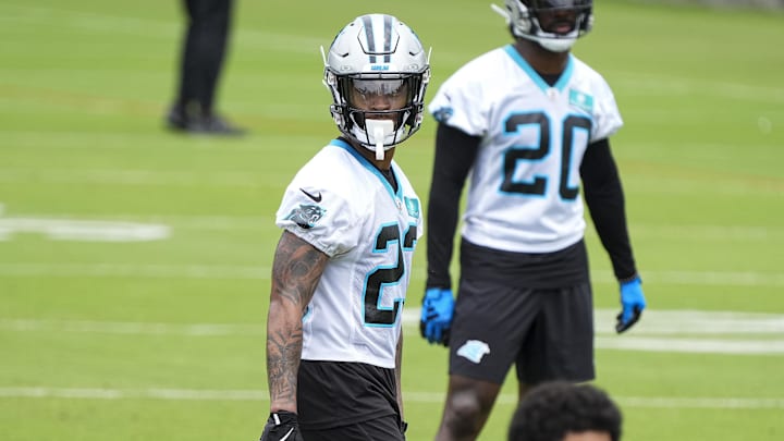 Jun 4, 2024; Charlotte, NC, USA; Carolina Panthers safety Jammie Robinson (22) during OTAs. Mandatory Credit: Jim Dedmon-Imagn Images