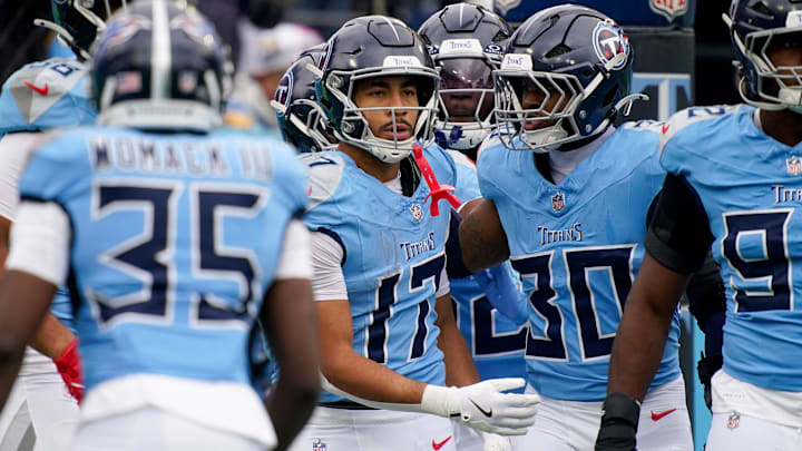 Tennessee Titans wide receiver Chimere Dike (17) celebrates his touchdown against the Los Angeles Chargers during the first quarter at Nissan Stadium in Nashville, Tenn., Sunday, Nov. 2, 2025.
