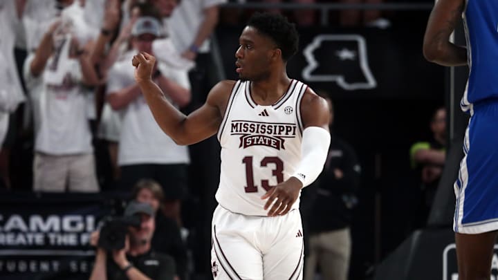 Feb 27, 2024; Starkville, Mississippi, USA; Mississippi State Bulldogs guard Josh Hubbard (13) reacts during the first half against the Kentucky Wildcats at Humphrey Coliseum. Mandatory Credit: Petre Thomas-Imagn Images
