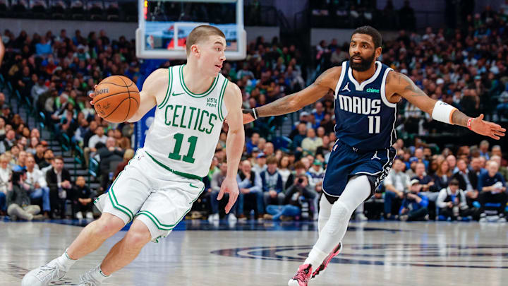 Jan 22, 2024; Dallas, Texas, USA; Boston Celtics guard Payton Pritchard (11) dribbles around Dallas Mavericks guard Kyrie Irving (11) during the first quarter at American Airlines Center. Mandatory Credit: Andrew Dieb-Imagn Images Jan 22, 2024; Dallas, Texas, USA; Boston Celtics guard Payton Pritchard (11) dribbles around Dallas Mavericks guard Kyrie Irving (11) during the first quarter at American Airlines Center. Mandatory Credit: Andrew Dieb-Imagn Images