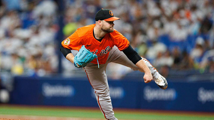 Jun 8, 2024; St. Petersburg, Florida, USA;  Baltimore Orioles pitcher Danny Coulombe (54) throws a pitch against the Tampa Bay Rays in the seventh inning at Tropicana Field. Mandatory Credit: Nathan Ray Seebeck-Imagn Images