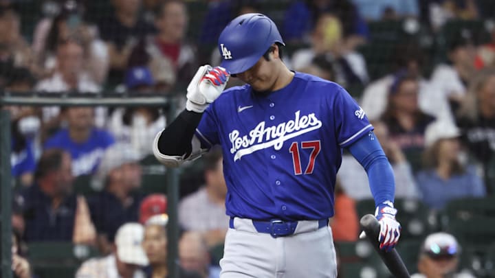 May 4, 2026; Houston, Texas, USA; Los Angeles Dodgers designated hitter Shohei Ohtani (17) tips his helmet before batting during the first inning against the Houston Astros at Daikin Park. Mandatory Credit: Troy Taormina-Imagn Images