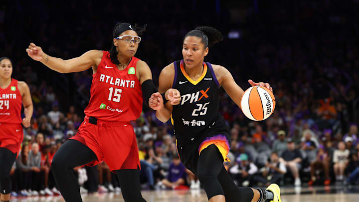 Aug 10, 2025; Phoenix, Arizona, USA; Phoenix Mercury forward Alyssa Thomas (25) against Atlanta Dream guard Allisha Gray (15) at PHX Arena. Mandatory Credit: Mark J. Rebilas-Imagn Images

