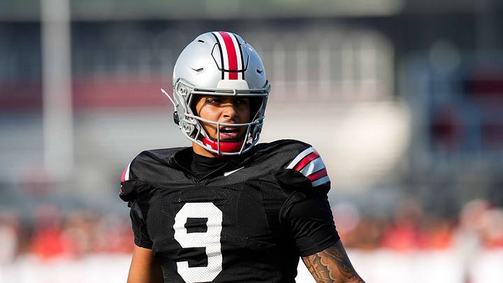Ohio State Buckeyes quarterback Tavien St. Clair (9) participates in the third day of training camp at the Woody Hayes Athletic Center on Aug. 8, 2026 in Columbus, Ohio.