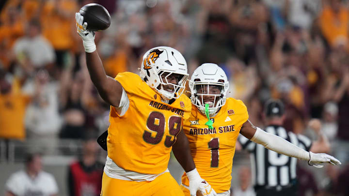 Arizona State defensive lineman C.J. Fite (99) celebrates his touchdown after recovering a fumble against the Mississippi State Bulldogs at Mountain America Stadium in Tempe on Sept. 7, 2024.