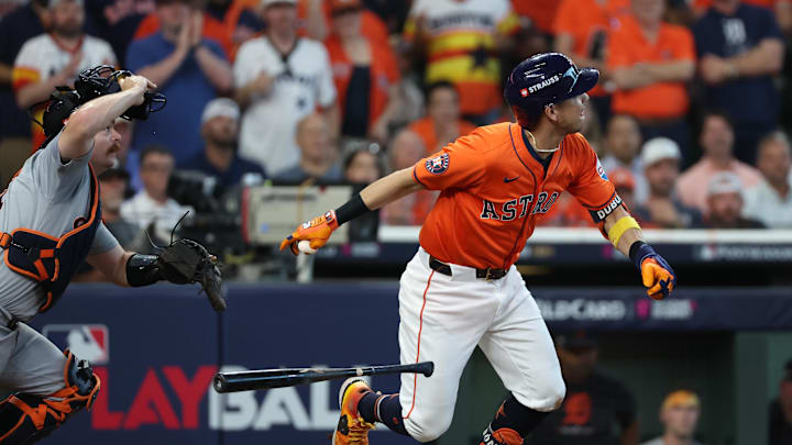 Houston Astros outfielder Mauricio Dubon (14) bunts his way on to load the bases against the Detroit Tigers during the seventh inning of game two of the Wildcard round for the 2024 MLB Playoffs at Minute Maid Park on Oct 2.
