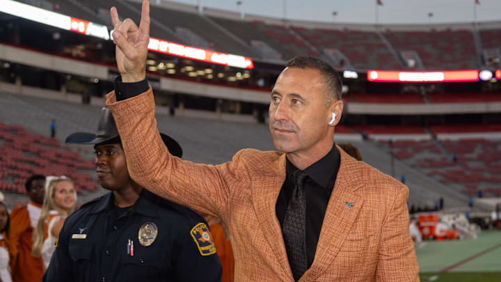 Nov 15, 2025; Athens, Georgia, USA; Texas Longhorns head coach Steve Sarkisian walks into Sanford Stadium before a game against the Georgia Bulldogs. Mandatory Credit: Brett Davis-Imagn Images