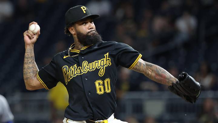 May 26, 2026; Pittsburgh, Pennsylvania, USA;  Pittsburgh Pirates relief pitcher Dennis Santana (60) pitches against the Chicago Cubs during the ninth inning at PNC Park. Mandatory Credit: Charles LeClaire-Imagn Images