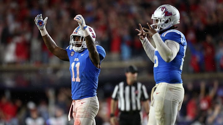 Nov 9, 2024; Oxford, Mississippi, USA; Mississippi Rebels linebacker Chris Paul Jr. (11) reacts at the end of the third quarter against the Georgia Bulldogs at Vaught-Hemingway Stadium. Mandatory Credit: Petre Thomas-Imagn Images Nov 9, 2024; Oxford, Mississippi, USA; Mississippi Rebels linebacker Chris Paul Jr. (11) reacts at the end of the third quarter against the Georgia Bulldogs at Vaught-Hemingway Stadium. Mandatory Credit: Petre Thomas-Imagn Images