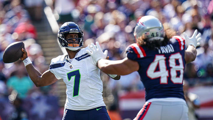 Sep 15, 2024; Foxborough, Massachusetts, USA; Seattle Seahawks quarterback Geno Smith (7) throws a pass against the New England Patriots in the second half at Gillette Stadium. Mandatory Credit: David Butler II-Imagn Images