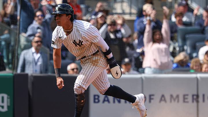 Apr 27, 2025; Bronx, New York, USA; New York Yankees third baseman Oswaldo Cabrera (95) reacts after scoring a run during the third inning against the Toronto Blue Jays at Yankee Stadium. Mandatory Credit: Vincent Carchietta-Imagn Images Apr 27, 2025; Bronx, New York, USA; New York Yankees third baseman Oswaldo Cabrera (95) reacts after scoring a run during the third inning against the Toronto Blue Jays at Yankee Stadium. Mandatory Credit: Vincent Carchietta-Imagn Images