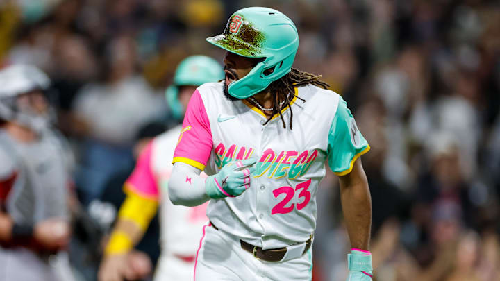 Fernando Tatis Jr. (23) celebrates after hitting a grand slam home run during the fourth inning at Petco Park. 