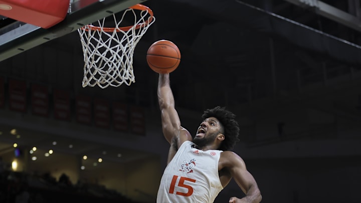 Feb 3, 2024; Coral Gables, Florida, USA; Miami Hurricanes forward Norchad Omier (15) dunks the