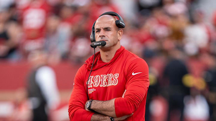 August 23, 2025; Santa Clara, California, USA; San Francisco 49ers defensive coordinator Robert Saleh before the game against the Los Angeles Chargers at Levi's Stadium. Mandatory Credit: Kyle Terada-Imagn Images August 23, 2025; Santa Clara, California, USA; San Francisco 49ers defensive coordinator Robert Saleh before the game against the Los Angeles Chargers at Levi's Stadium. Mandatory Credit: Kyle Terada-Imagn Images