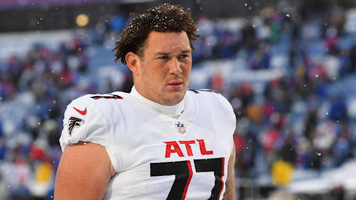 Jan 2, 2022; Orchard Park, New York, USA; Atlanta Falcons guard Jalen Mayfield (77) following the