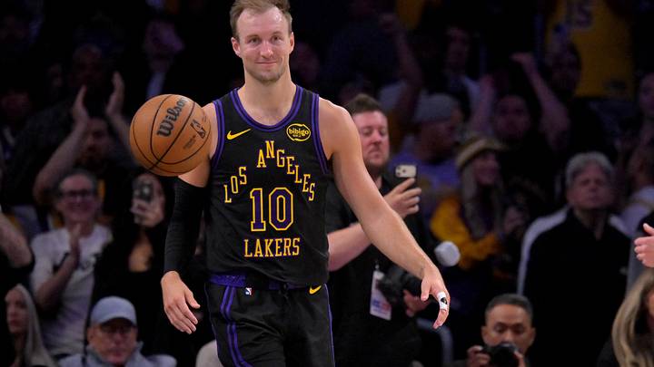 Apr 21, 2026; Los Angeles, California, USA; Los Angeles Lakers guard Luke Kennard (10) smiles on the court during the final seconds of game two of the first round of the 2026 NBA Playoffs against the Houston Rockets at Crypto.com Arena. Mandatory Credit: Jayne Kamin-Oncea-Imagn Images