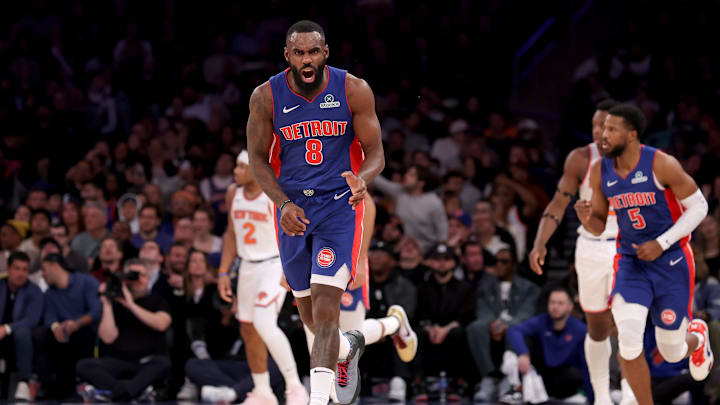 Jan 13, 2025; New York, New York, USA; Detroit Pistons forward Tim Hardaway Jr. (8) celebrates his three point shot against the New York Knicks during the second quarter at Madison Square Garden. Mandatory Credit: Brad Penner-Imagn Images