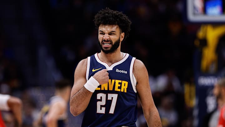 Dec 13, 2024; Denver, Colorado, USA; Denver Nuggets guard Jamal Murray (27) reacts in the first quarter against the Los Angeles Clippers at Ball Arena. 