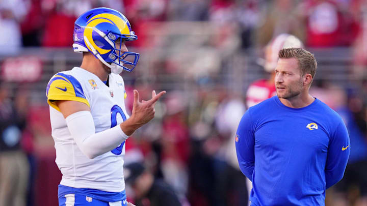 Oct 3, 2022; Santa Clara, California, USA; Los Angeles Rams quarterback Matthew Stafford (left) and head coach Sean McVay talk during warmups before the game against the San Francisco 49ers at Levi's Stadium. Mandatory Credit: Kyle Terada-Imagn Images Oct 3, 2022; Santa Clara, California, USA; Los Angeles Rams quarterback Matthew Stafford (left) and head coach Sean McVay talk during warmups before the game against the San Francisco 49ers at Levi's Stadium. Mandatory Credit: Kyle Terada-Imagn Images