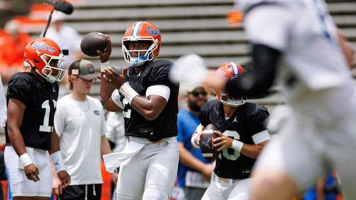 Florida Gators quarterback DJ Lagway (2) throws the ball during fall football practice at Ben Hill Griffin Stadium.
