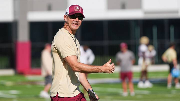 Florida State head coach Mike Norvell watches as players put in work during practice with the first home game just a few weeks away, Thursday, Aug. 13, 2026.
