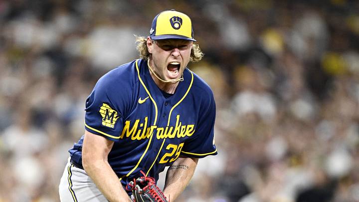 Oct 7, 2026; San Diego, California, USA;  Milwaukee Brewers pitcher Trevor Megill (29) celebrates a strikeout to end the game against the San Diego Padres during the ninth inning in game four of the NLDS for the 2026 MLB Playoffs at Petco Park.  Mandatory Credit: Denis Poroy-Imagn Images