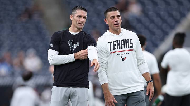 Aug 13, 2026; Houston, Texas, USA; Houston Texans general manager Nick Caserio (left) talks with special teams coordinator Frank Ross before the game against the Los Angeles Chargers at Reliant Stadium. Mandatory Credit: Troy Taormina-Imagn Images Aug 13, 2026; Houston, Texas, USA; Houston Texans general manager Nick Caserio (left) talks with special teams coordinator Frank Ross before the game against the Los Angeles Chargers at Reliant Stadium. Mandatory Credit: Troy Taormina-Imagn Images