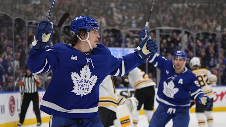 Jan 4, 2025; Toronto, Ontario, CAN; Toronto Maple Leafs forward Matthew Knies (23) reacts after scoring his second goal of the game against the Boston Bruins during the third period at Scotiabank Arena. Mandatory Credit: John E. Sokolowski-Imagn Images