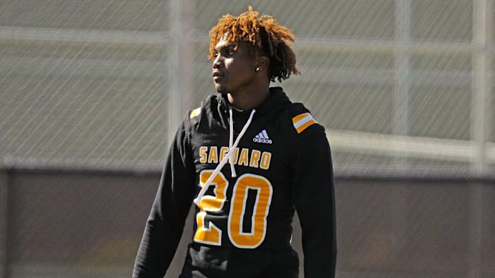 Saguaro defensive back Dajon Hinton (20) during a spring practice at Saguaro High School in Scottsdale on April 25, 2023.

High School Football Saguaro Spring Football