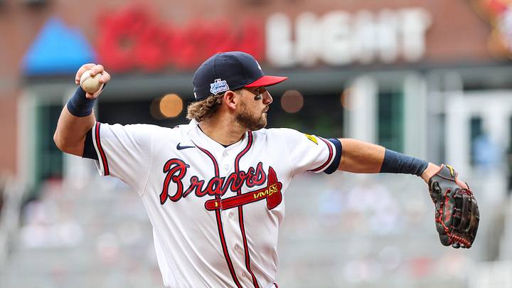 Jun 7, 2026; Cumberland, Georgia, USA; Atlanta Braves third baseman Austin Riley (27) throws the ball to first base for an out against the Pittsburgh Pirates during the fourth inning at Truist Park. Mandatory Credit: Jordan Godfree-Imagn Images