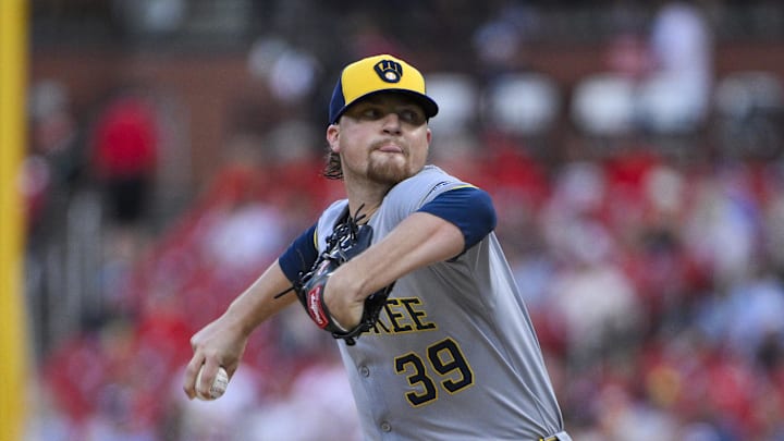 Sep 20, 2025; St. Louis, Missouri, USA; Milwaukee Brewers starting pitcher Chad Patrick (39) pitches against the St. Louis Cardinals during the first inning at Busch Stadium. Mandatory Credit: Jeff Curry-Imagn Images