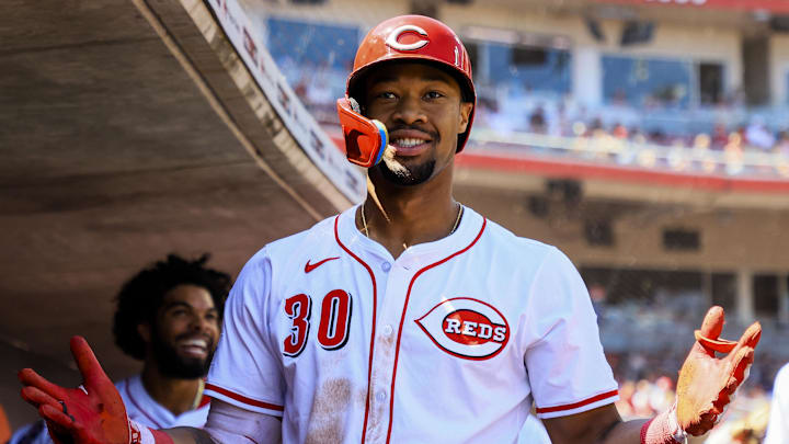 May 18, 2025; Cincinnati, Ohio, USA; Cincinnati Reds outfielder Will Benson (30) reacts after hitting a solo home run in the sixth inning against the Cleveland Guardians at Great American Ball Park. Mandatory Credit: Katie Stratman-Imagn Images