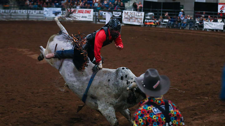 Nov 5, 2016; Heber City, UT, USA; Tyler Bingham during the bull riding competition at Wasatch County Events Center. Mandatory Credit: Chris Nicoll-Imagn Images