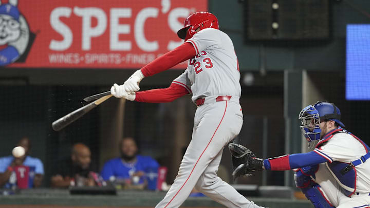 Los Angeles Angels second baseman Brandon Drury (23) grounds out with a broken bat against the Texas Rangers during the ninth inning at Globe Life Field in 2024.