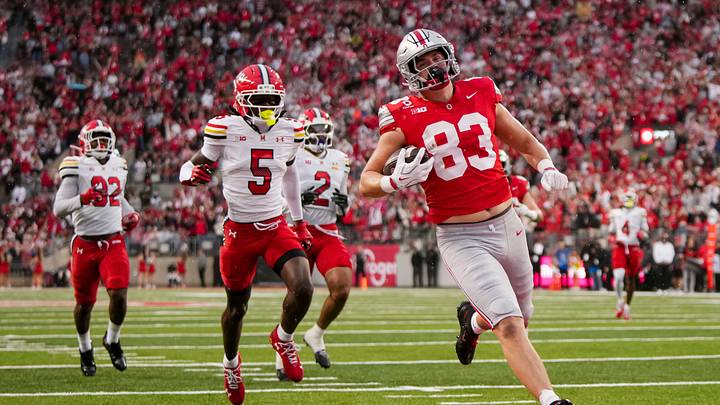 Ohio State Buckeyes tight end Nate Roberts (83) scores a touchdown during the NCAA football game against the Maryland Terrapins at Ohio Stadium in Columbus on Oct. 10, 2026. Ohio State Buckeyes tight end Nate Roberts (83) scores a touchdown during the NCAA football game against the Maryland Terrapins at Ohio Stadium in Columbus on Oct. 10, 2026.