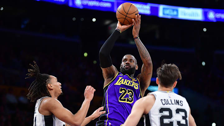 Feb 23, 2024; Los Angeles, California, USA; Los Angeles Lakers forward LeBron James (23) shoots
