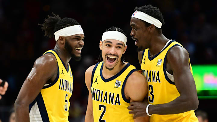 Jan 12, 2025; Cleveland, Ohio, USA; Indiana Pacers guard Andrew Nembhard (2) celebrates with forward Jarace Walker (5) and forward Pascal Siakam (43) after a basket during the second half against the Cleveland Cavaliers at Rocket Mortgage FieldHouse. Mandatory Credit: Ken Blaze-Imagn Images Jan 12, 2025; Cleveland, Ohio, USA; Indiana Pacers guard Andrew Nembhard (2) celebrates with forward Jarace Walker (5) and forward Pascal Siakam (43) after a basket during the second half against the Cleveland Cavaliers at Rocket Mortgage FieldHouse. Mandatory Credit: Ken Blaze-Imagn Images