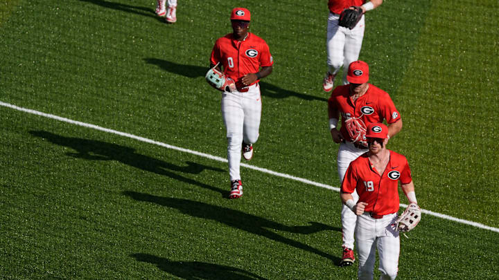Georgia warms up before the start of a NCAA baseball game against Kentucky on March 14, 2025.