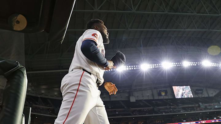 Houston Astros starting pitcher Cristian Javier (53) walks out of the dugout and onto the field before the game against the Los Angeles Angels at Minute Maid Park in 2024.