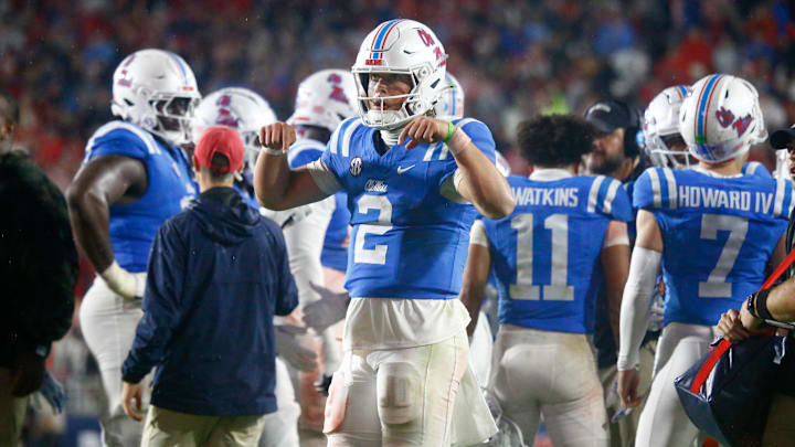 Nov 9, 2024; Oxford, Mississippi, USA; Mississippi Rebels quarterback Jaxson Dart (2) reacts during the second half against the Georgia Bulldogs at Vaught-Hemingway Stadium. Mandatory Credit: Petre Thomas-Imagn Images