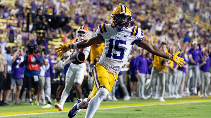 LSU WR Phillip Wright III celebrates a touchdown against Clemson LSU WR Phillip Wright III celebrates a touchdown against Clemson